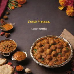 A Lohri greeting for a Bengali food delivery business. Showcase a festive feast featuring traditional Bengali and Punjabi dishes, symbolizing the warmth and richness of Lohri celebrations.