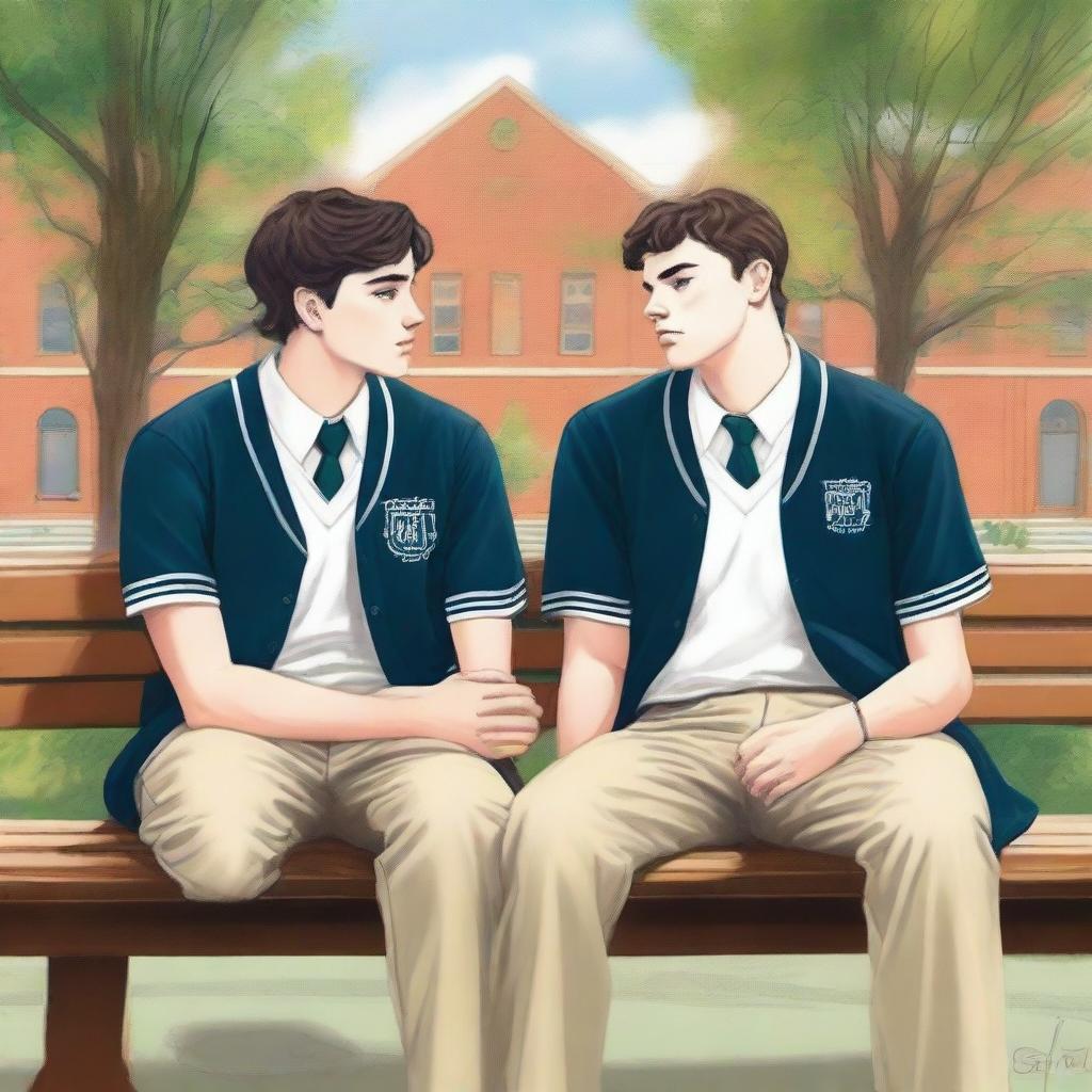 The high-quality illustration titled 'Bonds of Knowledge' portrays two young white men with dark hair, seated closely on a bench amidst a lively college atmosphere