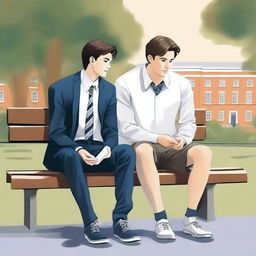 The high-quality illustration titled 'Bonds of Knowledge' portrays two young white men with dark hair, seated closely on a bench amidst a lively college atmosphere