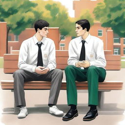 The high-quality illustration titled 'Bonds of Knowledge' portrays two young white men with dark hair, seated closely on a bench amidst a lively college atmosphere