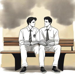 The high-quality illustration titled 'Bonds of Knowledge' portrays two young white men with dark hair, seated closely on a bench amidst a lively college atmosphere