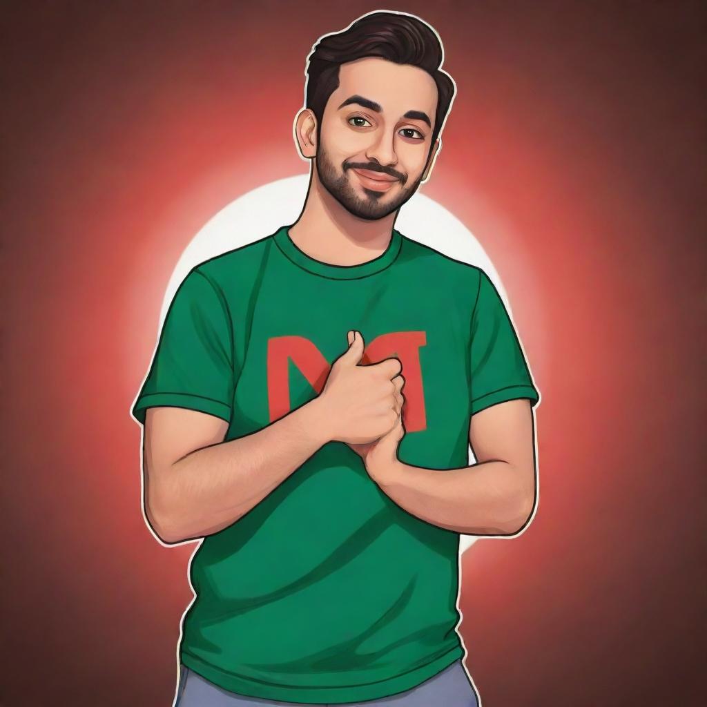 Cartoon style depiction of Ducky Bhai, a popular Pakistani YouTuber, in a dynamic pose with a backdrop of the YouTube logo.