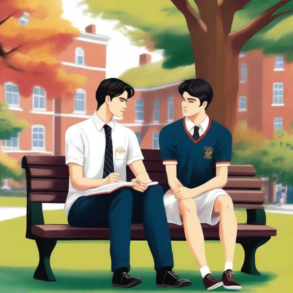 The superior quality illustration titled 'Bonds of Knowledge' features two young white men with dark hair, sitting closely on a bench amidst a vibrant campus atmosphere