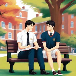 The superior quality illustration titled 'Bonds of Knowledge' features two young white men with dark hair, sitting closely on a bench amidst a vibrant campus atmosphere