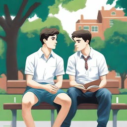 The superior quality illustration titled 'Bonds of Knowledge' features two young white men with dark hair, sitting closely on a bench amidst a vibrant campus atmosphere