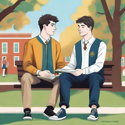 The superior quality illustration titled 'Bonds of Knowledge' features two young white men with dark hair, sitting closely on a bench amidst a vibrant campus atmosphere