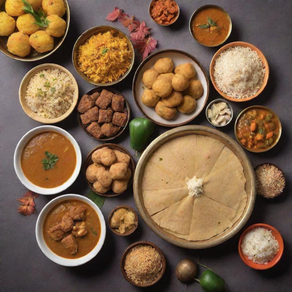 A Makar Sankranti greeting for a Bengali food delivery business. Display a hearty spread of traditional Bengali and Sankranti special dishes, setting a vibrant festive atmosphere.