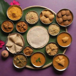 A Makar Sankranti greeting for a Bengali food delivery business. Display a hearty spread of traditional Bengali and Sankranti special dishes, setting a vibrant festive atmosphere.