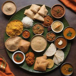 A Makar Sankranti greeting for a Bengali food delivery business. Display a hearty spread of traditional Bengali and Sankranti special dishes, setting a vibrant festive atmosphere.