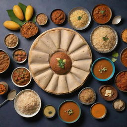 A Makar Sankranti greeting for a Bengali food delivery business. Display a hearty spread of traditional Bengali and Sankranti special dishes, setting a vibrant festive atmosphere.