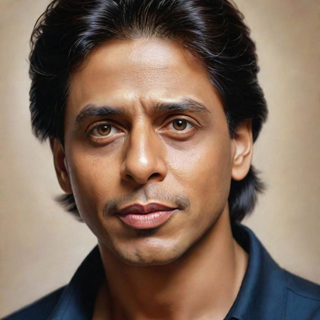 Realistic portrait of Shah Rukh Khan, the famous Indian film actor, in a confident and charismatic pose.