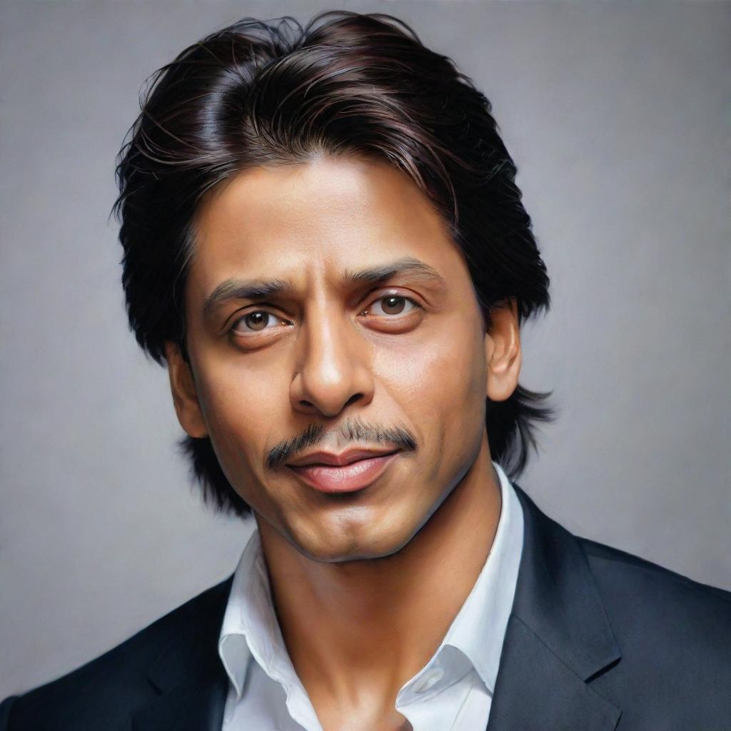 Realistic portrait of Shah Rukh Khan, the famous Indian film actor, in a confident and charismatic pose.