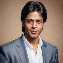 Realistic portrait of Shah Rukh Khan, the famous Indian film actor, in a confident and charismatic pose.