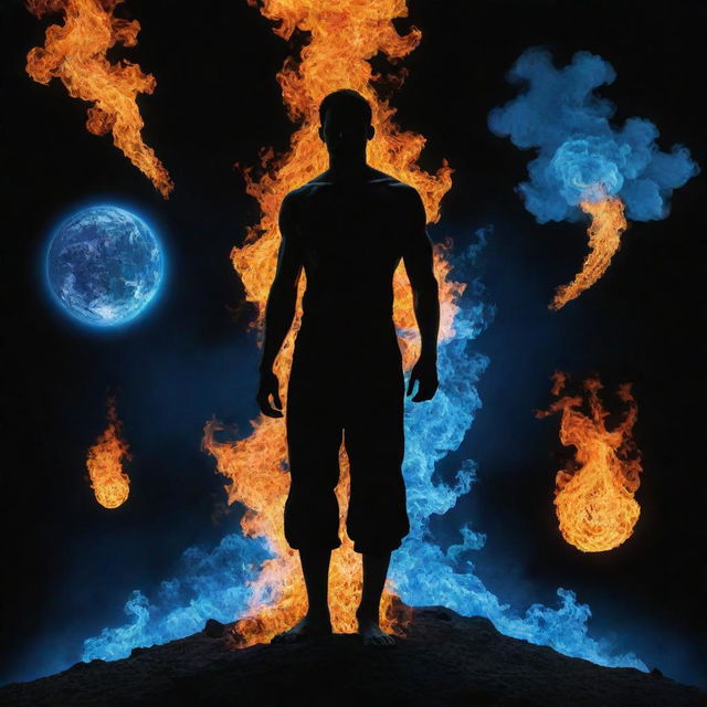 A man standing amidst five distinct elements, each representing fire, water, air, earth, and spirit on a deep black and vibrant blue background.