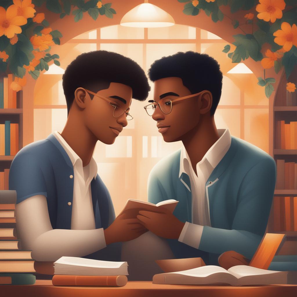 A high-quality digital illustration titled 'Bonds of Knowledge', portraying two young white men in a vibrant college setting