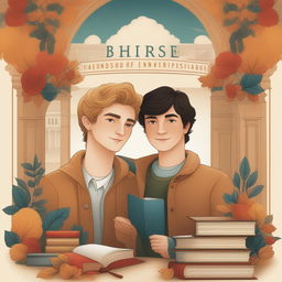 A high-quality digital illustration titled 'Bonds of Knowledge', portraying two young white men in a vibrant college setting