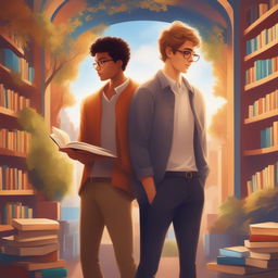 A high-quality digital illustration titled 'Bonds of Knowledge', portraying two young white men in a vibrant college setting