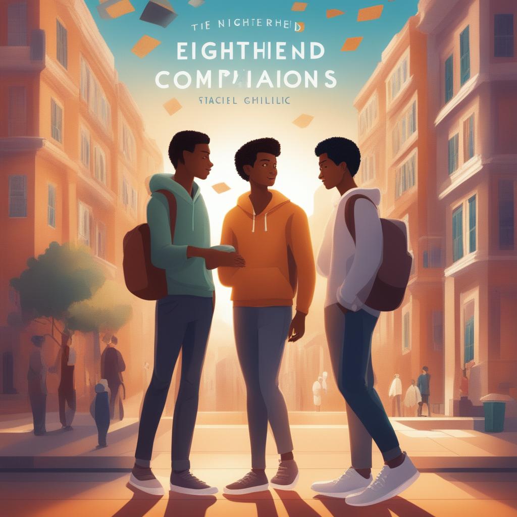 The digital illustration 'Enlightened Companions' depicts two young men in a lively college setting, their bond of friendship standing out amidst symbols of learning