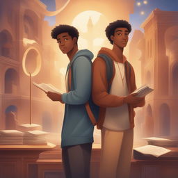 The digital illustration 'Enlightened Companions' depicts two young men in a lively college setting, their bond of friendship standing out amidst symbols of learning