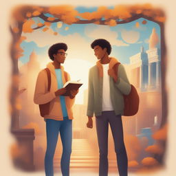 The digital illustration 'Enlightened Companions' depicts two young men in a lively college setting, their bond of friendship standing out amidst symbols of learning