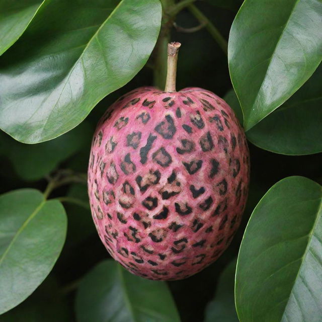 A vibrant fruit with leopard print patterns on its surface nestled among lush green leaves.