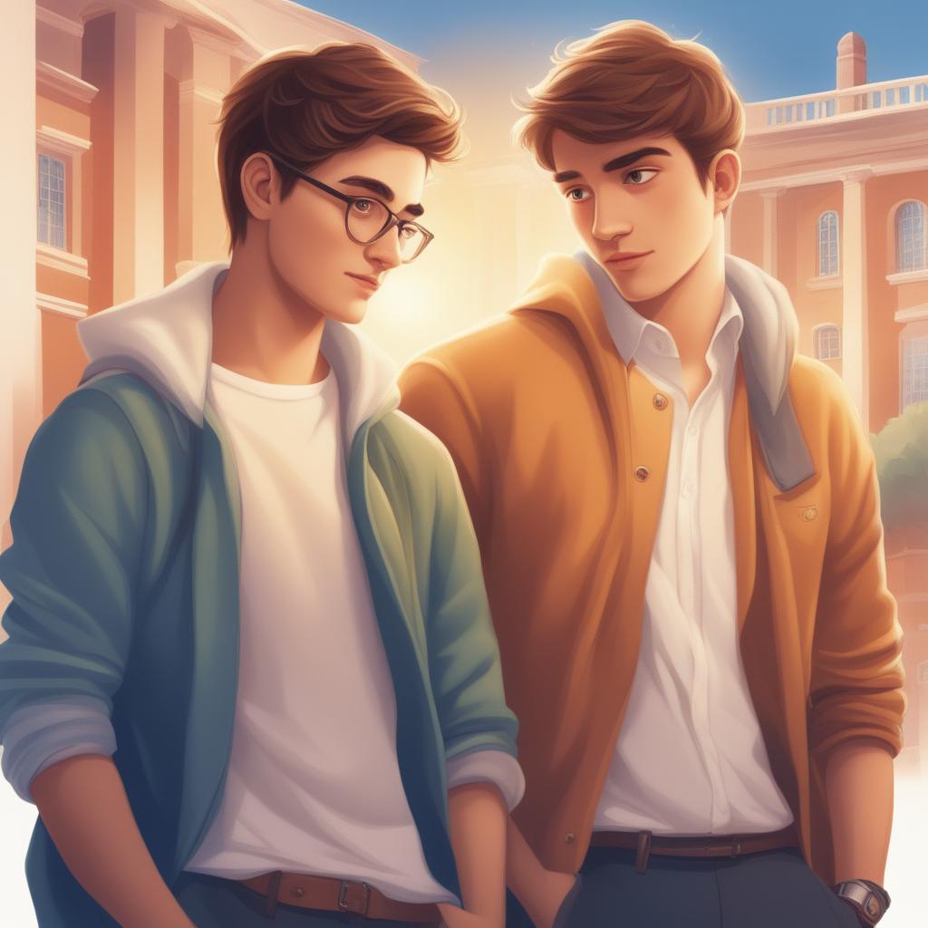 The digital illustration 'Enlightened Companions' features two white young men in a bustling college campus