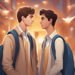 The digital illustration 'Enlightened Companions' features two white young men in a bustling college campus