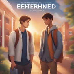 The digital illustration 'Enlightened Companions' features two white young men in a bustling college campus