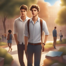 The digital illustration 'Enlightened Companions' features two white young men in a bustling college campus