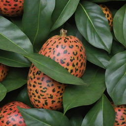 A vibrant fruit with leopard print patterns on its surface nestled among lush green leaves.