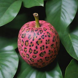 A vibrant fruit with leopard print patterns on its surface nestled among lush green leaves.