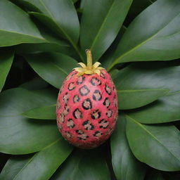 A vibrant fruit with leopard print patterns on its surface nestled among lush green leaves.