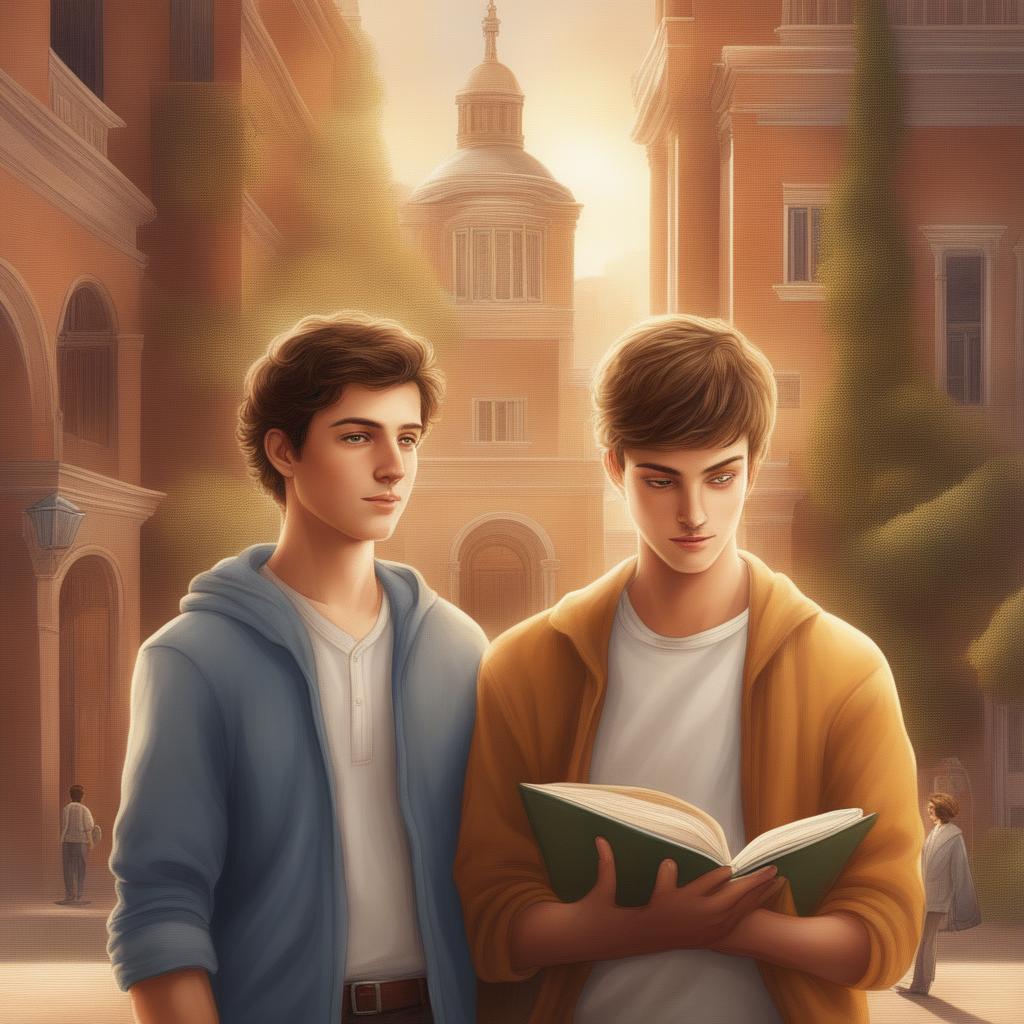 The digital art 'Enlightened Companions' depicts two young white men in a bustling college setting