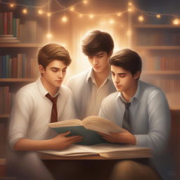 The digital art 'Enlightened Companions' depicts two young white men in a bustling college setting
