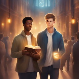 The digital art 'Enlightened Companions' depicts two young white men in a bustling college setting