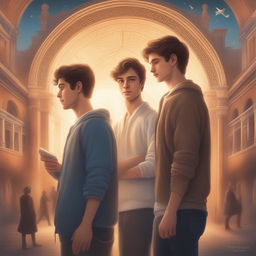 The digital art 'Enlightened Companions' depicts two young white men in a bustling college setting