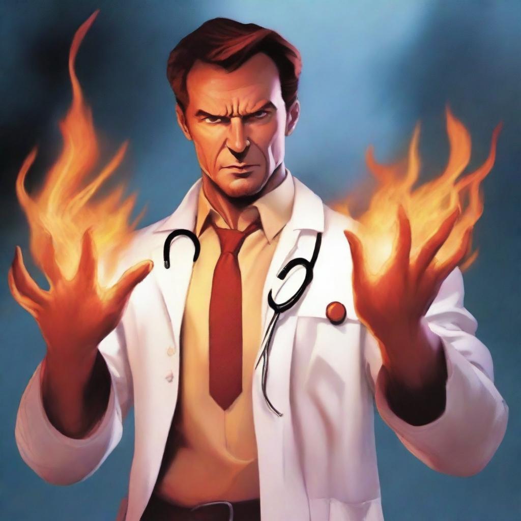 A top-quality cartoon image, in the style of Marvel comic books, showcases a superhero named Inferno