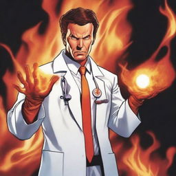 A top-quality cartoon image, in the style of Marvel comic books, showcases a superhero named Inferno