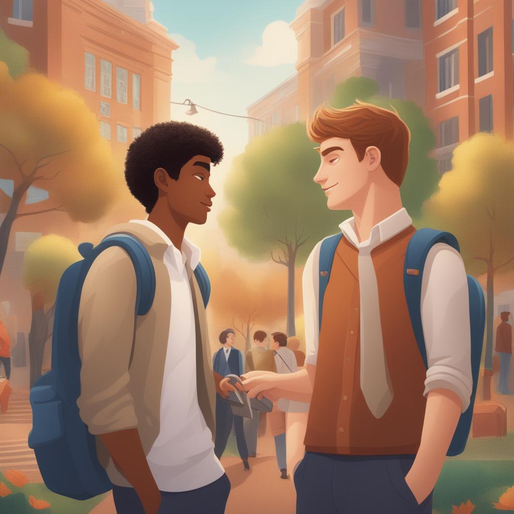 The digital illustration features two young white men on a bustling college campus