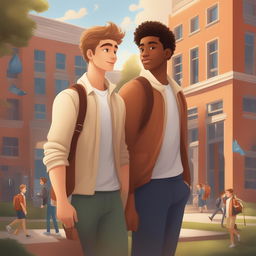 The digital illustration features two young white men on a bustling college campus