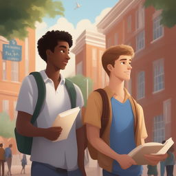 The digital illustration features two young white men on a bustling college campus