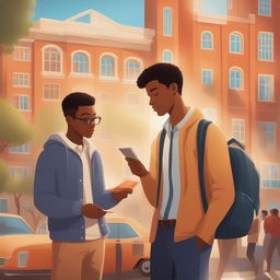 The digital illustration features two young white men on a bustling college campus