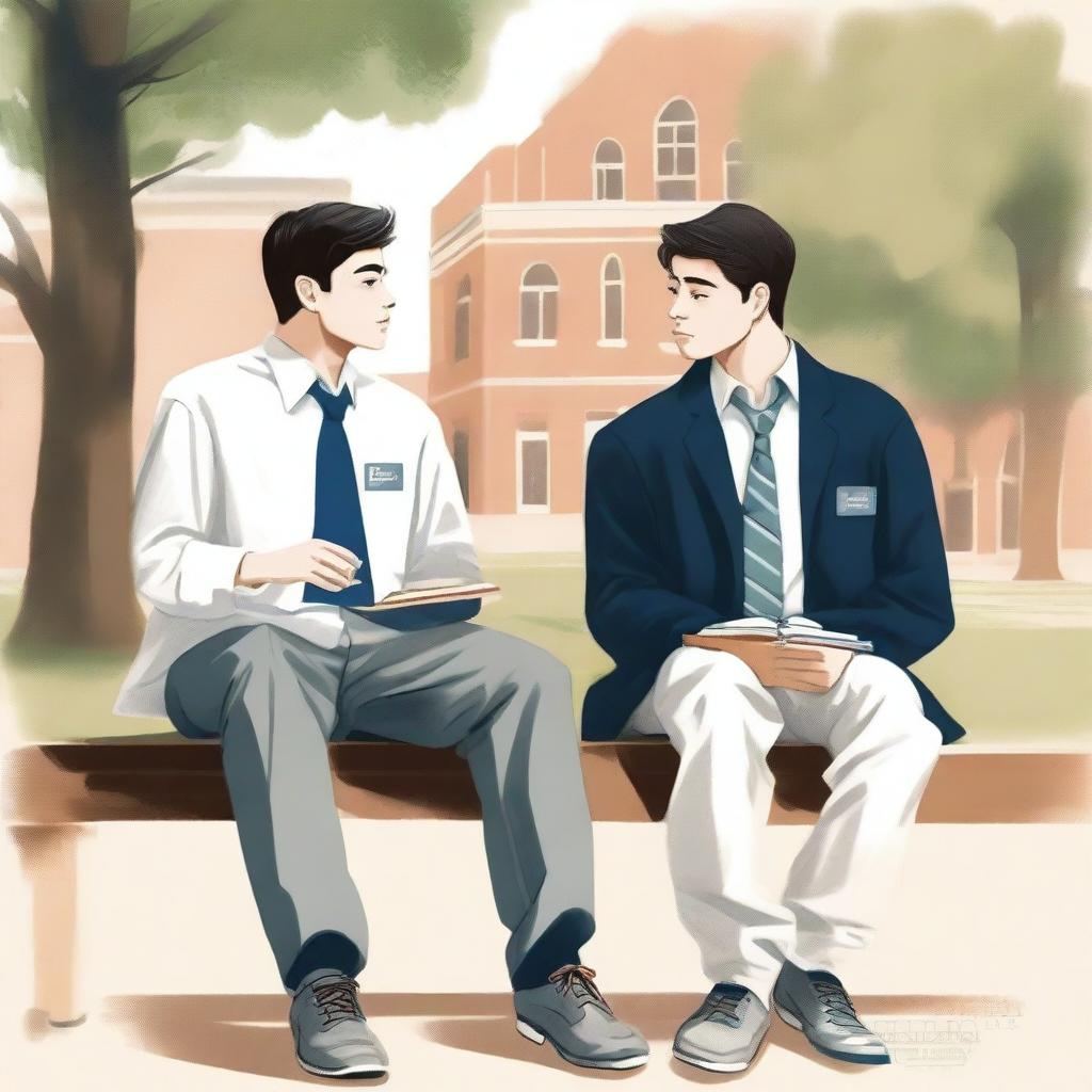 This high-quality illustration depicts a serene scene amidst the bustle of a college campus