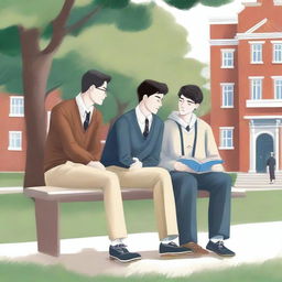 This high-quality illustration depicts a serene scene amidst the bustle of a college campus