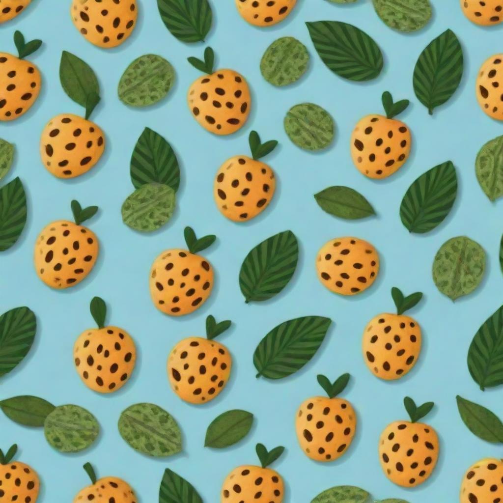 Create a lively animation of a leopard patterned fruit. The fruit should have recognisable spots like a leopard, but retain the structure and form of a standard fruit.