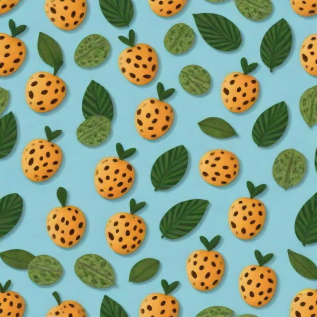 Create a lively animation of a leopard patterned fruit. The fruit should have recognisable spots like a leopard, but retain the structure and form of a standard fruit.