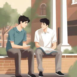 This is a high-quality illustration set in the heart of a bustling college campus