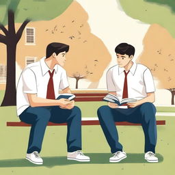 This is a high-quality illustration set in the heart of a bustling college campus