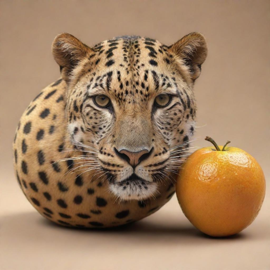 Generate a 3D image of a fruit carrying the distinctive spots of a leopard. The fruit should keep the likeness of a real fruit while incorporating a creative leopard pattern.