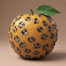 Produce a 3D design of a fruit with leopard skin pattern without any anthropomorphic features. Ensure the design is very realistic and the spots are artistically placed like on a leopard's skin.